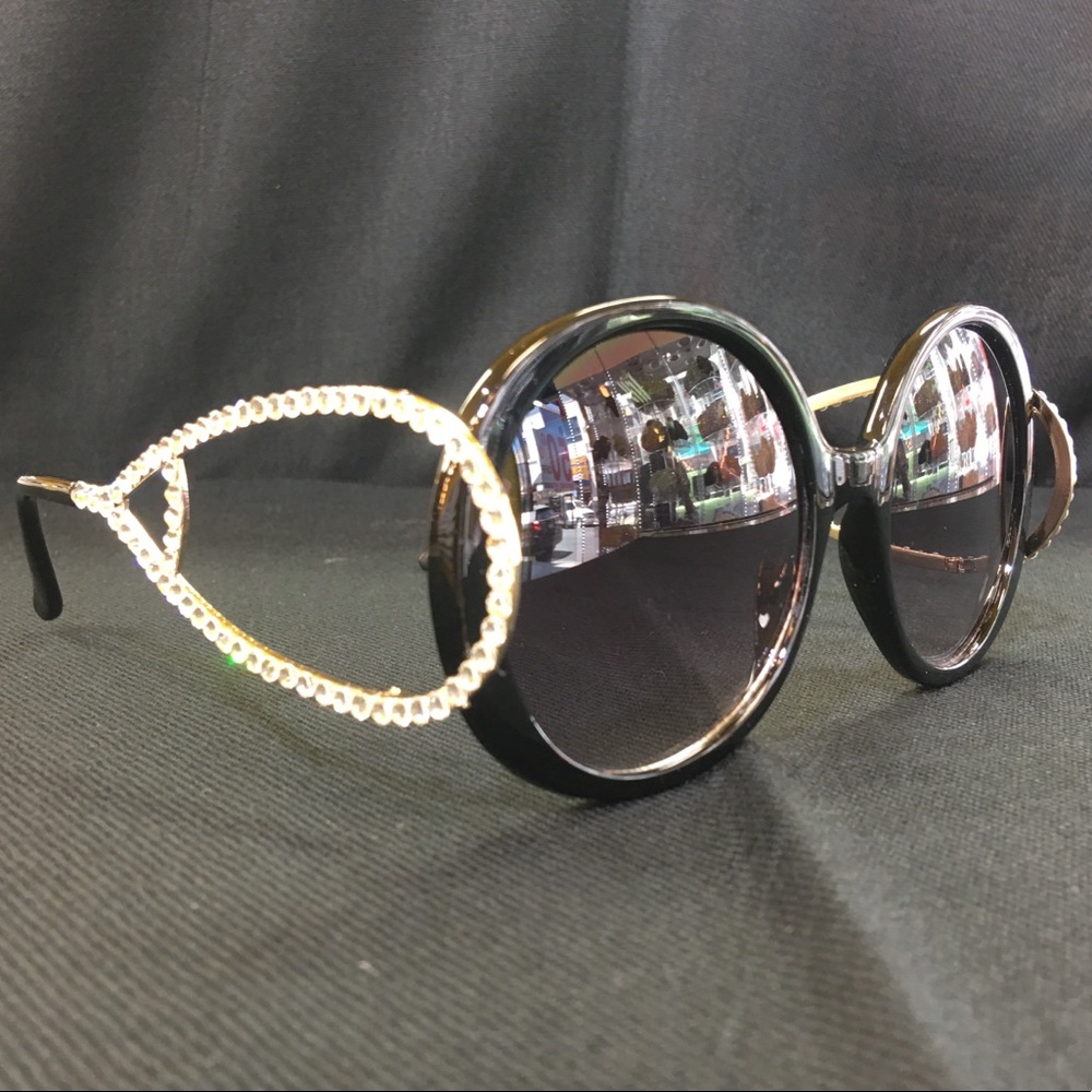Round Black Sunglasses Silver Crystals Glasses
